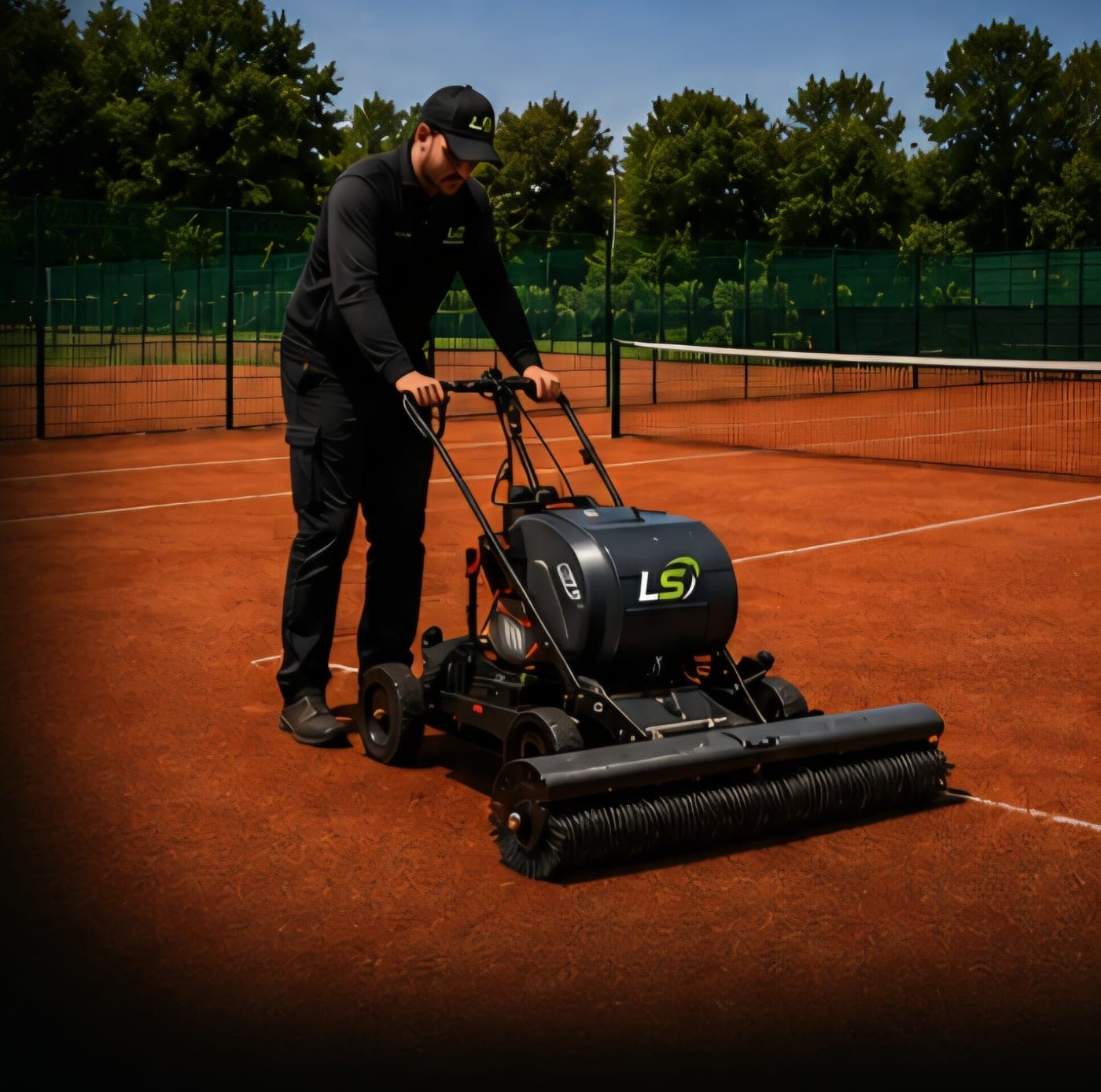 LS Sports operator running a specialist rotary decompaction and power brush machine across an artificial clay court